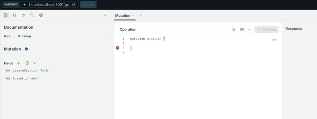 Localhost graphql server showing the mutations