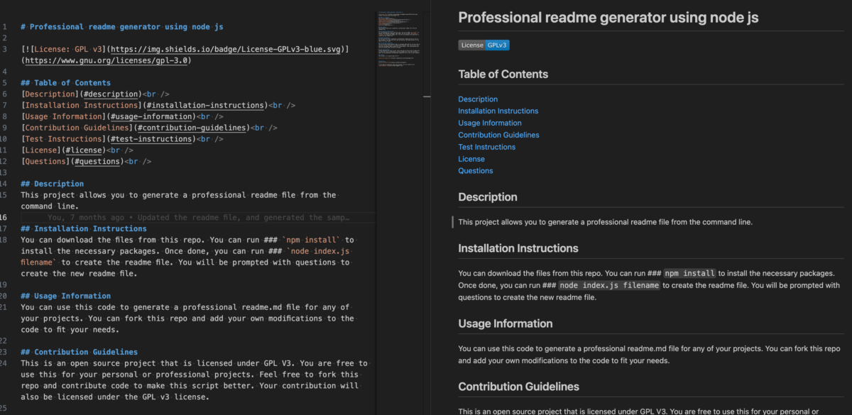 Sample readme file with the markdown on the left and the preview on the right